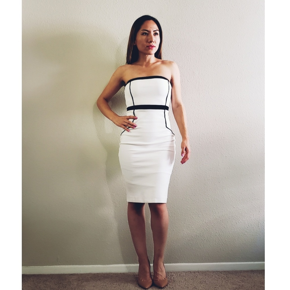 White strapless midi peplum dress